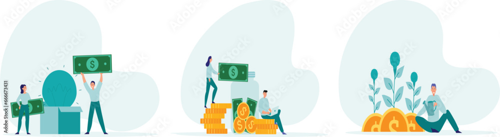Financial illustration set.Characters enjoying financial freedom and independence Successfully and free of debts. Financial illustration set.Characters enjoying financial freedom and independence Successfully and free of debts.