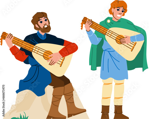 medieval trubadour playing lute vector. musician bard, minstrel instrument, performance performer medieval trubadour playing lute character. people flat cartoon illustration