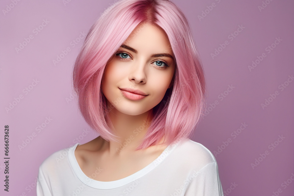 Generative AI portrait picture of beautiful young girl after salon styling have pink orange bright coloring dyed hair Generative AI portrait picture of beautiful young girl after salon styling have pink orange bright coloring dyed hair