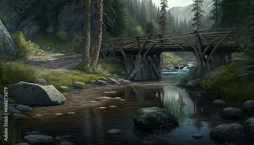 wooden bridge in the pines over the floodway design illustration	 photo