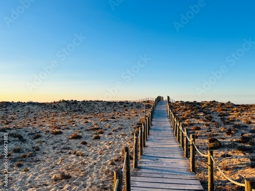 Wooden boardwalk at the ocean coast  blue sky  evening time