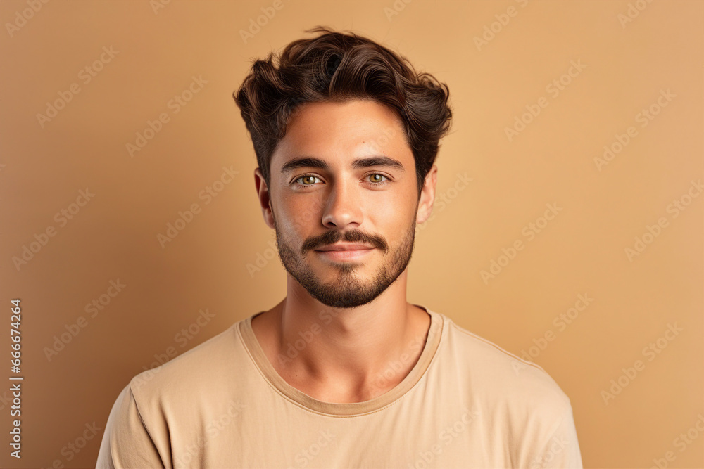 Generative AI portrait of a very handsome brown hair man isolated on beige background Generative AI portrait of a very handsome brown hair man isolated on beige background