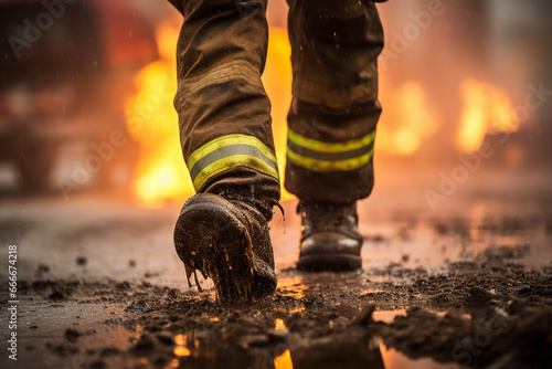 Image generative AI photo of a male professional firefighter in dirty boots photo