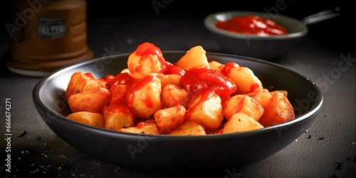 Traditional Spanish cuisine. Bravas potatoes or spicy tomato sauce. Generative AI.
