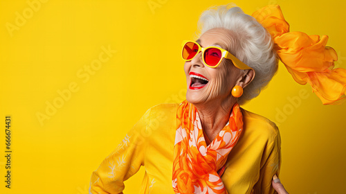 mature older woman wearing sunglasses and a yellow shirt