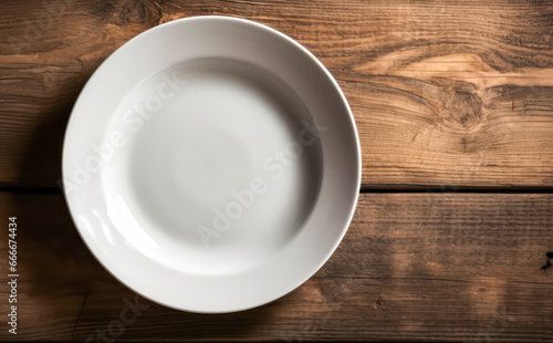 Empty plate on an old wooden table. Generative AI.