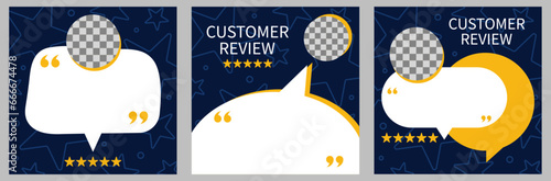 Set of three template with speech bubble for customer feedback, testimonial or review quote on dark blue background. Empty speech bubble frame with quotation marks and copy space for quotes.