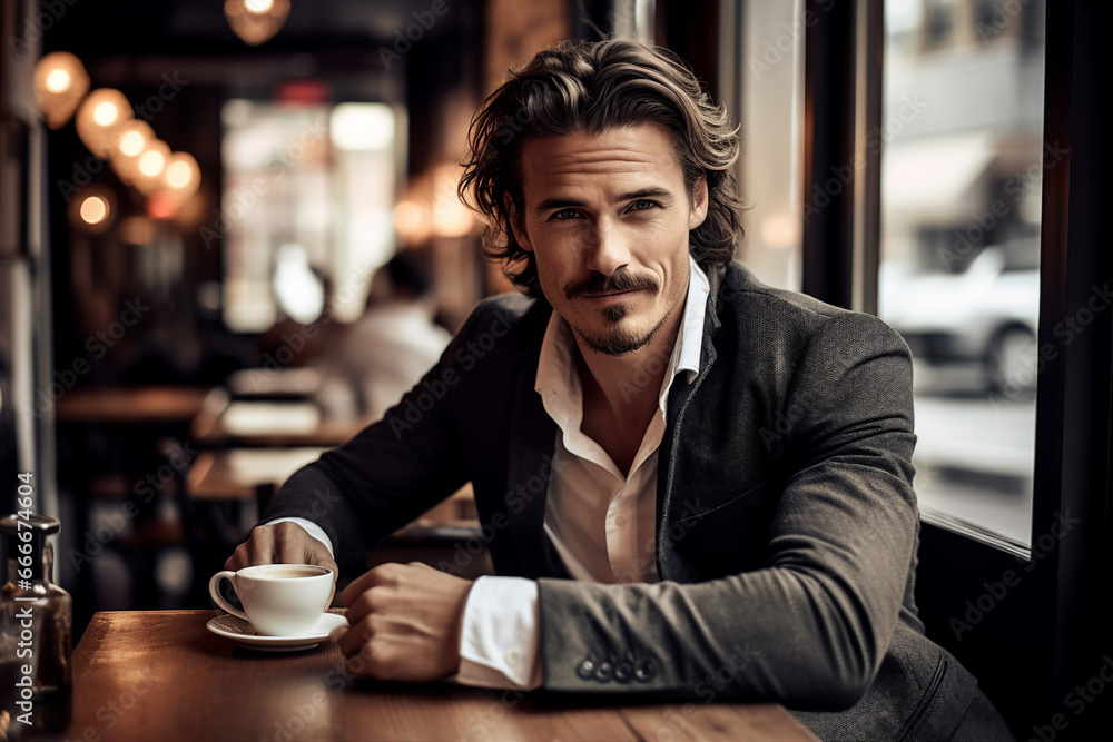 Handsome bearded man sitting table in trendy cafeteria cafe drinking hot fresh coffee Generative AI technology Handsome bearded man sitting table in trendy cafeteria cafe drinking hot fresh coffee Generative AI technology
