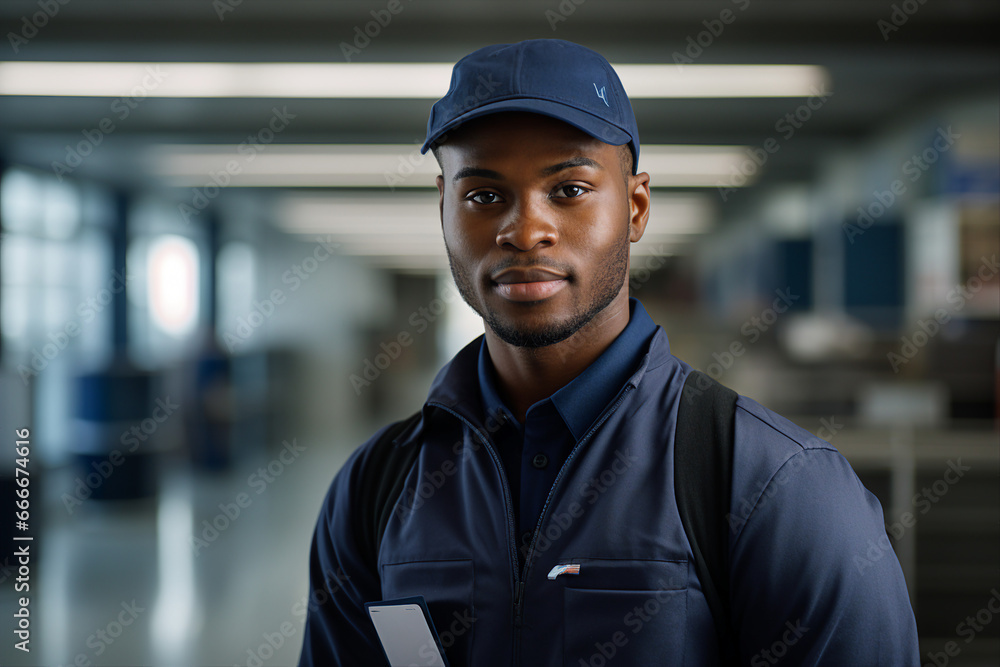 Generative AI image of handsome man postman mail carrier wear uniform standing in the warehouse Generative AI image of handsome man postman mail carrier wear uniform standing in the warehouse
