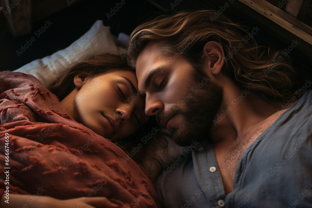 Couple portrait two lovers sleeping together in bed sensual love Generative AI Couple portrait two lovers sleeping together in bed sensual love Generative AI