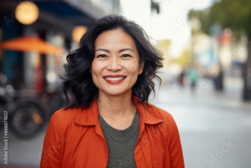 Generative ai image of smiling positive asian lady in the city
