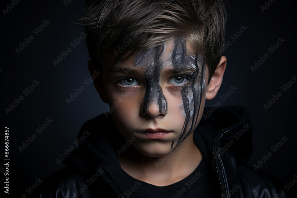 Generative AI image of little kid in magic costume and makeup have fun on halloween pumpkin party Generative AI image of little kid in magic costume and makeup have fun on halloween pumpkin party