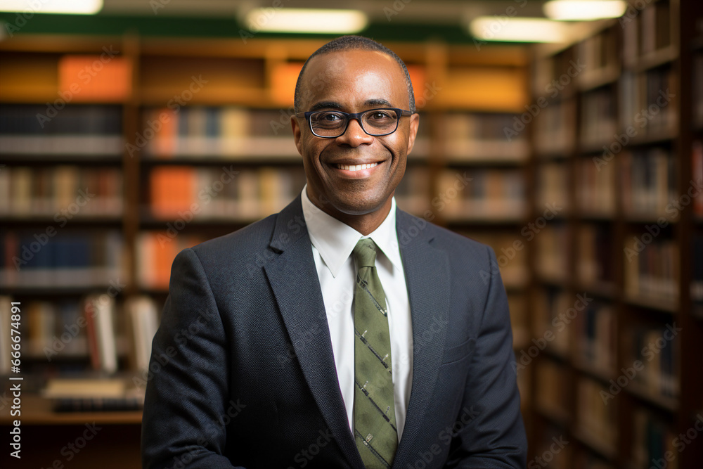 Portrait of handsome happy man professional instructor scientist against a library bookshelf background generative AI Portrait of handsome happy man professional instructor scientist against a library bookshelf background generative AI