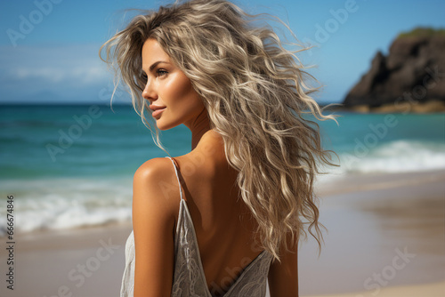 Generative AI Illustration Beach portrait of Young beautiful woman summer holidays