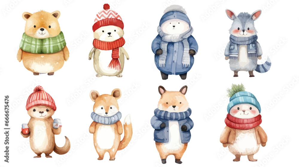 Set of cute animal with clothes in winter