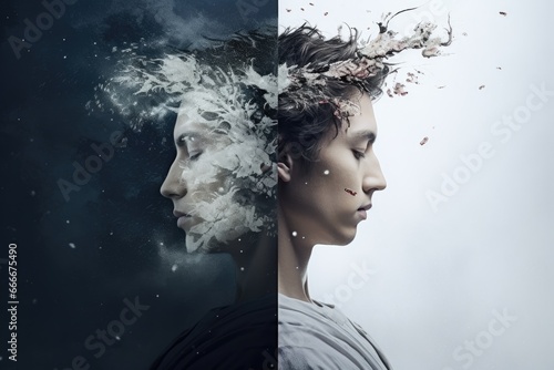 the image of a split personality. fight with your inner world. yin and yang. black and white