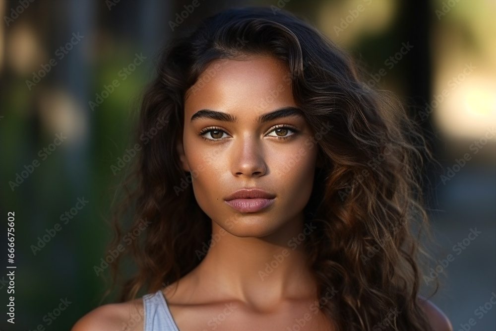 Generative AI photography of charming adorable girl isolated on blurred street background Generative AI photography of charming adorable girl isolated on blurred street background