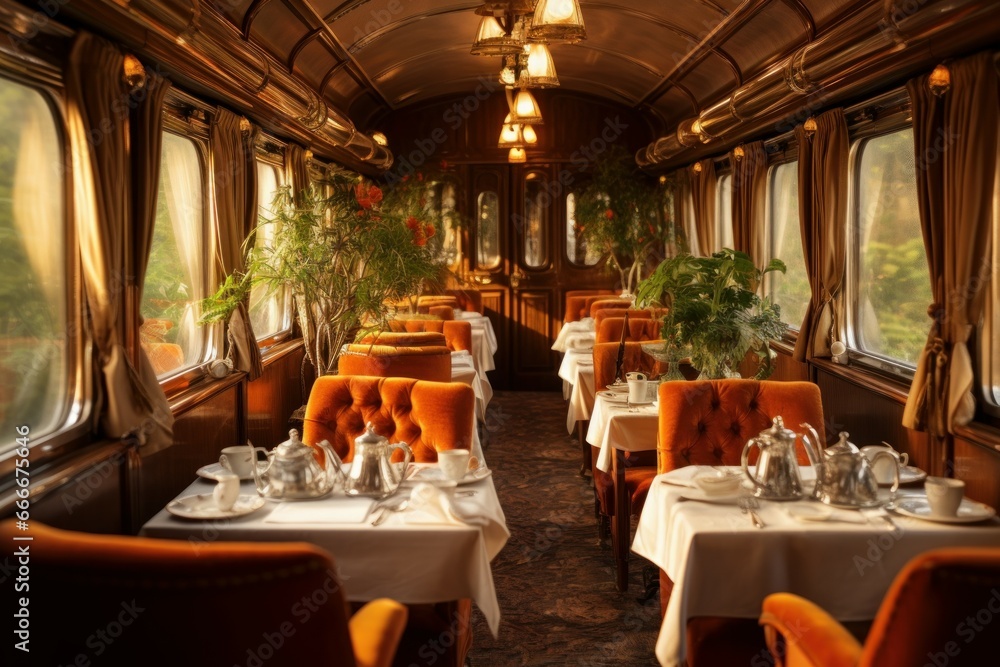 Fototapeta premium Ambient Dining interior train. Food carriage. Generate Ai