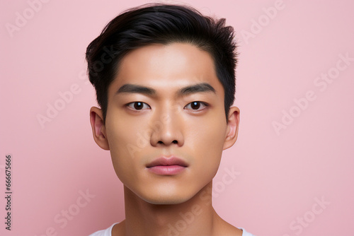Photo portrait of handsome nice asian man smiling and looking camera generative AI