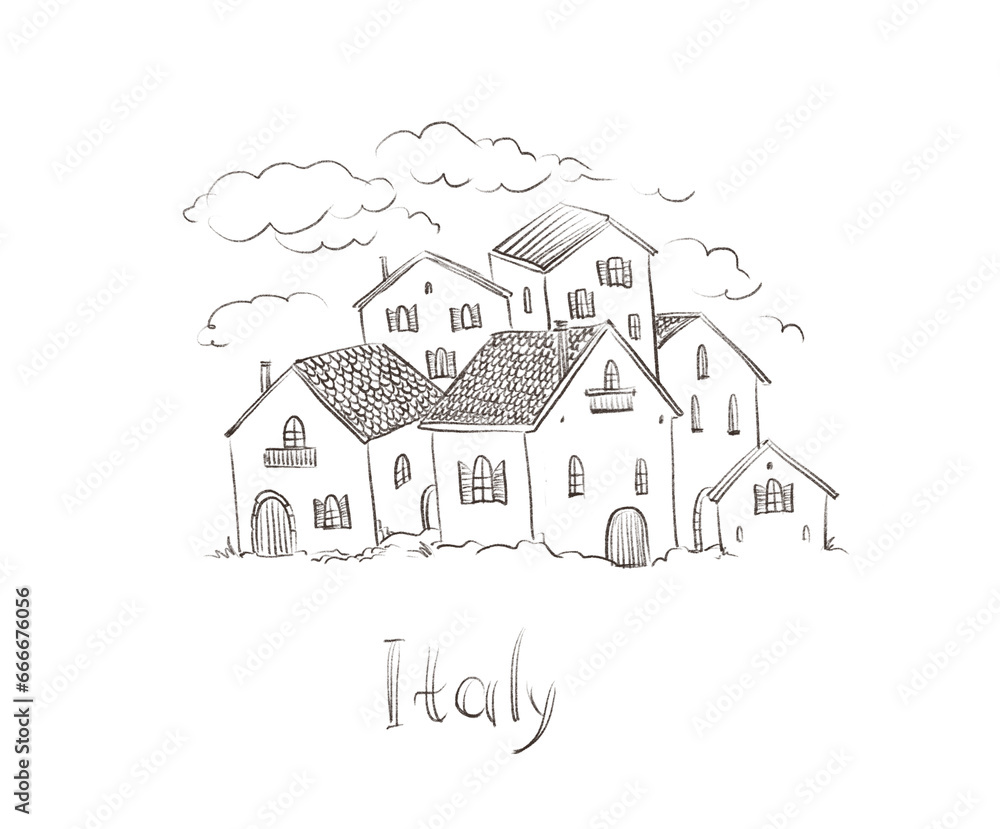 Stylized vintage houses, hand drawn, on white background