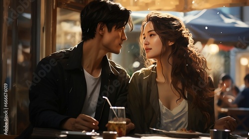 Young korean couple in love sitting in cafe. dorama photo