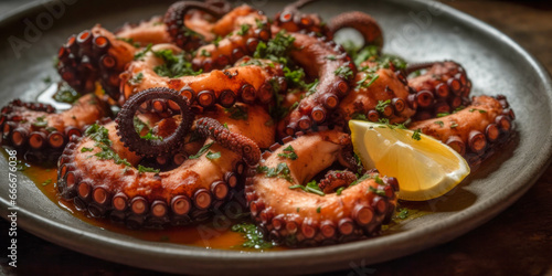 Traditional Spanish cuisine. Galician-style octopus. Generative AI.