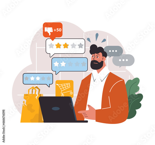 Angry man leaving a bad feedback. Dissatisfaction of product or purchase