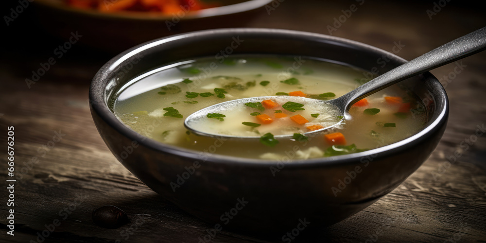 Bowl of soup with vegetables, on dark background. Generative AI.