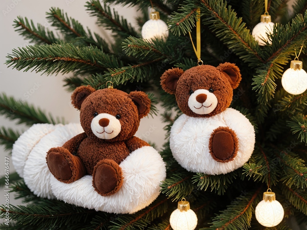 two teddy bears are hanging on a christmas tree branch with lights. generative ai two teddy bears are hanging on a christmas tree branch with lights. generative ai