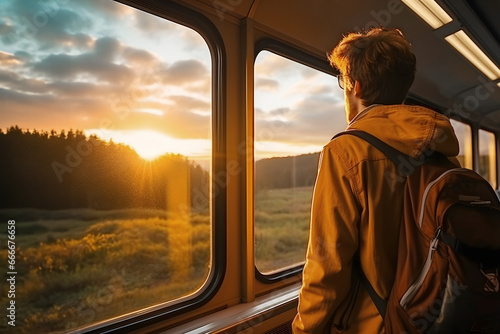 A young man with a backpack in a train looks out the window at the sunset