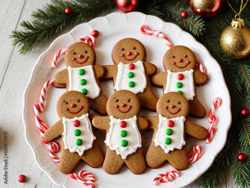  a plate of gingerbreads with white frosting and candy canes.  generative ai