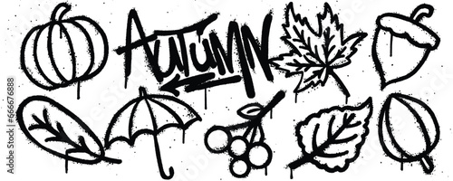 Set Autumn graffiti spray paint. Collection of pumpkin, autumn leaves, nuts, leaves, umbrella Isolated Vector