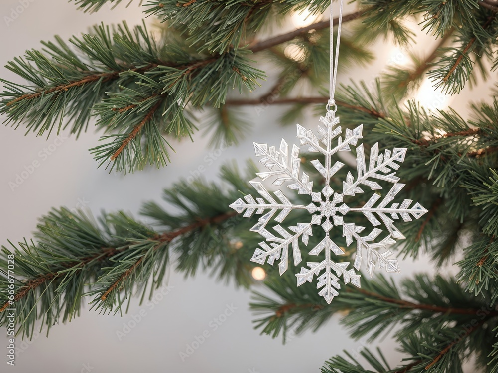  a snowflake ornament hanging from a pine tree.  generative ai