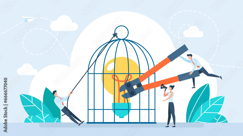 Unlock new business idea. Invent new product or creativity. Free mind and let creativity idea, mindfulness thinking, break free to get solution for business problem concept. Trendy illustration - obrazy, fototapety, plakaty 