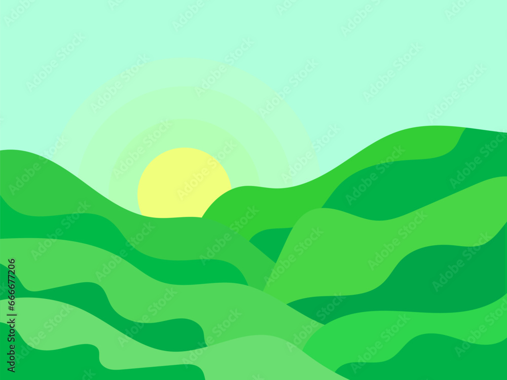 Obraz premium Wavy landscape with green hills and the sun on the horizon. Dawn with green meadows in a minimalist style. Design for posters, prints and banners. Vector illustration