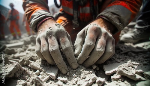 Close up hands of search and rescue team worker in the city after an earthquake with signs of wear photo