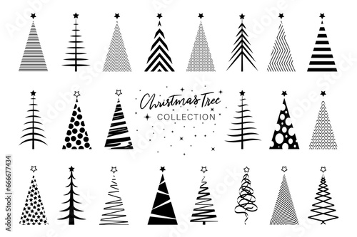 set clipart Christmas Tree in black silhouette icons, vector stylized Merry Christmas, festive themed winter holiday invitations with geometric decorations, clipart isolated on white background