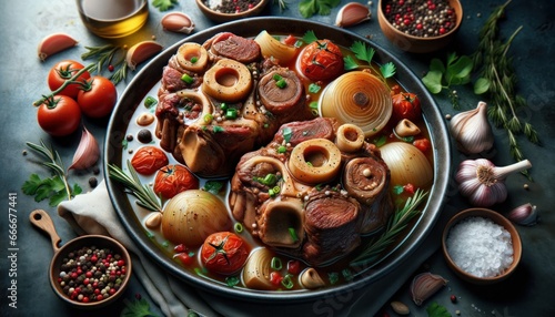 Osso Buco, a traditional Italian dish made from braised veal shanks, cooked with white wine, broth, onions, and tomatoes, served with gremolata on top.