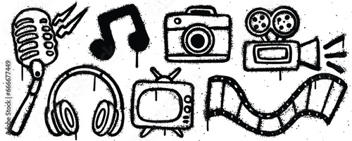 Set graffiti spray paint. Collection of microphone, music,camera, camera record, film,television, headphone Isolated Vector