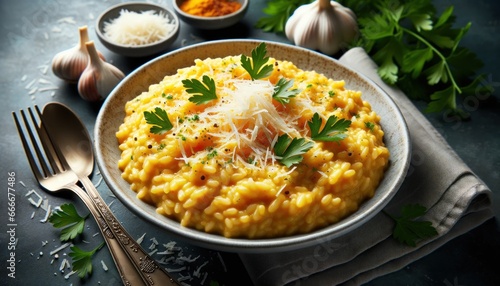 Vászonkép Risotto alla Milanese, a creamy rice dish infused with saffron, garnished with g
