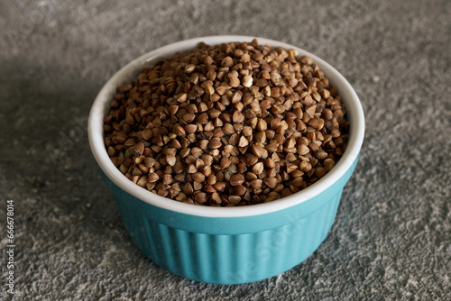 Buckwheat in a bowl, close-up, vegetarian food, healthy food