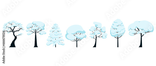 Silhouettes of snowy winter trees of various species. Vector illustration of horizontally placed isolated objects.