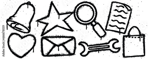 Set graffiti spray paint. Collection of bell, star, magnifying glass, paper, paper bag, wrench, envelope, love Isolated Vector