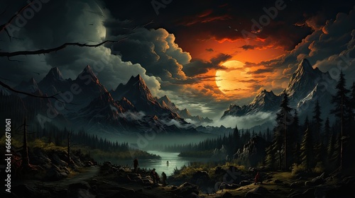 Fantasy landscape with mountain, lake and big sun behind photo