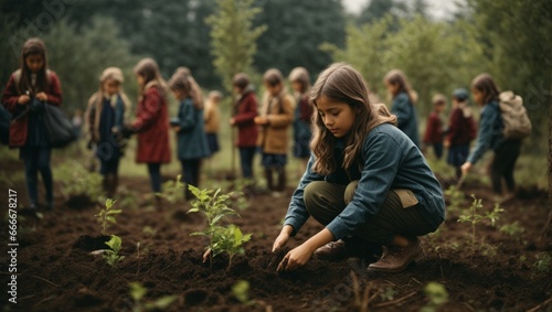 Girls volunteer to grow plants, the concept of preserving the environment