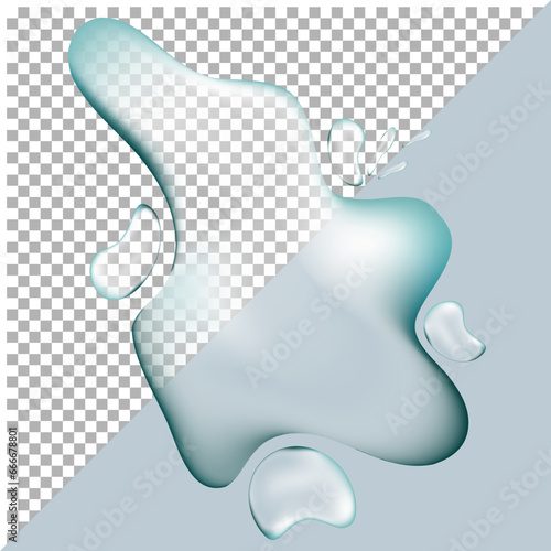 realistic water drops liquid puddles on transparent and blue background