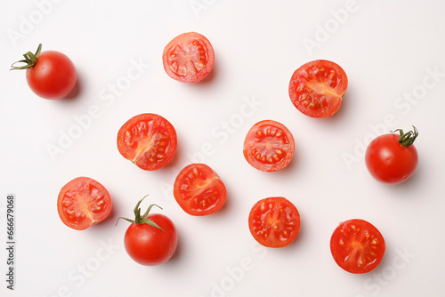 Cherry tomato halves isolated on white, close-up, healthy eating, vegetarian food