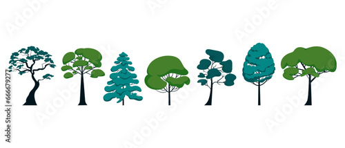 Set of different pine and hardwood trees horizontal arrangement. Vector illustration of park and nature isolated objects on white.