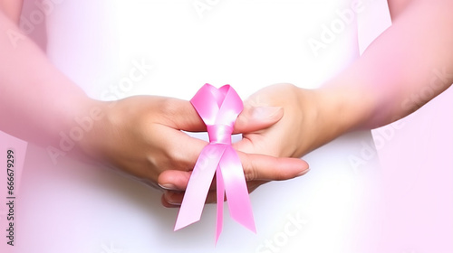 Pink Breast Cancer Awareness Ribbon. Hands holding pink ribbon on backgrounds. Generative AI