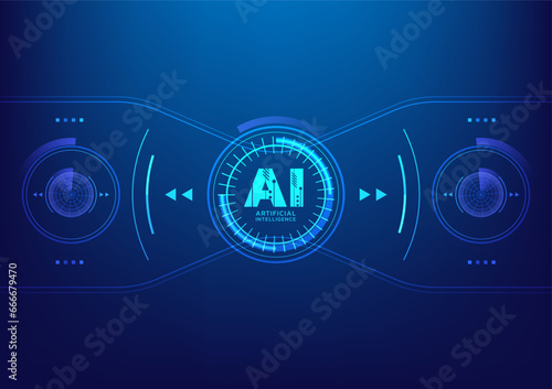 AI changing everything. Blue background futuristic with logo AI circle radar HUD, Radar scan. Search find technology. Augmented reality. Artificial intelligence.	